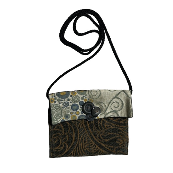 Mini Crossbody Purse Handbag Beautiful Trimmed Buttons Handmade Browns Greens - Picture 2 of 9